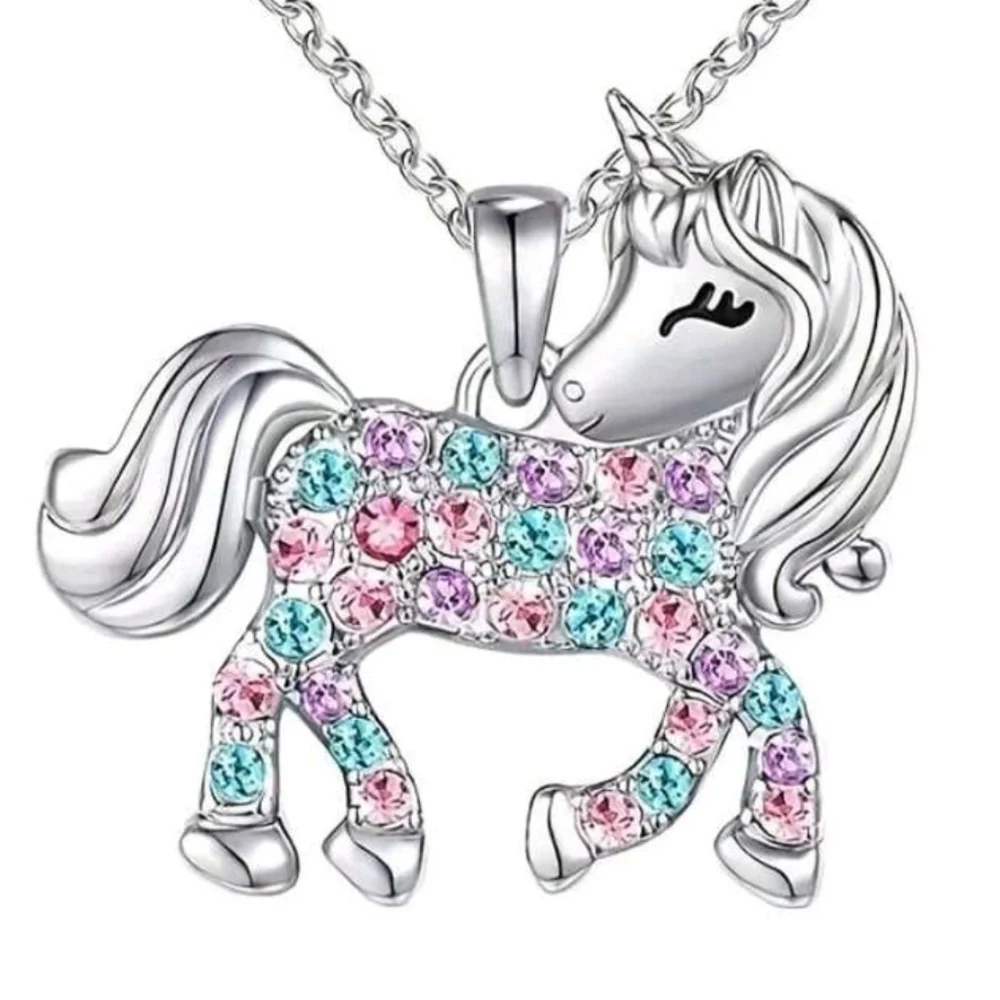 925 Sterling Silver Multi-Color Crystal Unicorn Pendant Girls Necklace 18